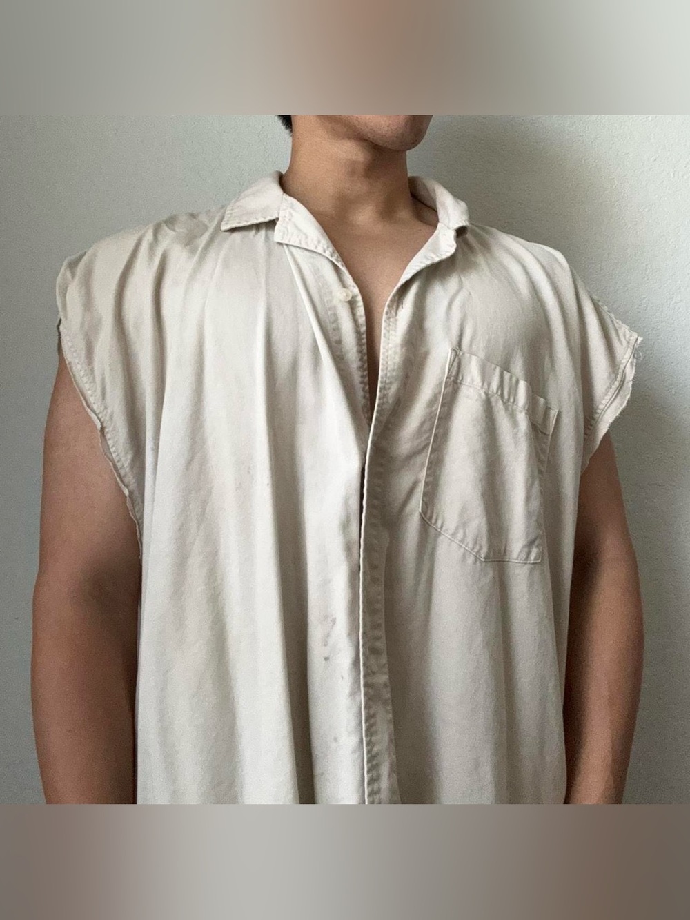 Abercrombie & Fitch Embroidered Cream Cut Off Button Down Shirt